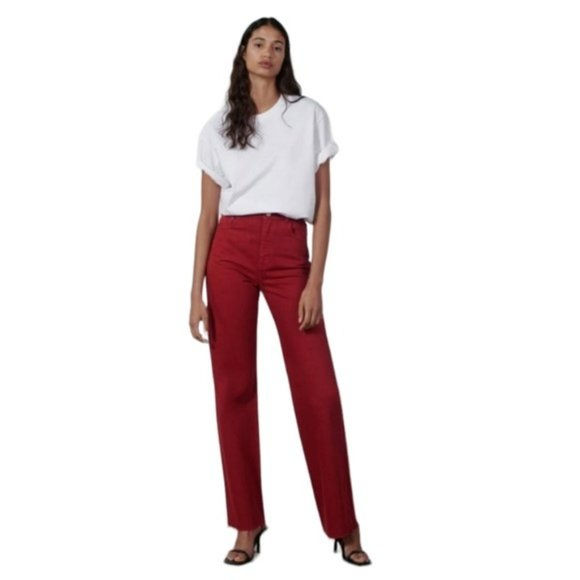 Zara Jeans Zara Red The 9s Full Length Jeans Raw Hem Wide Leg High